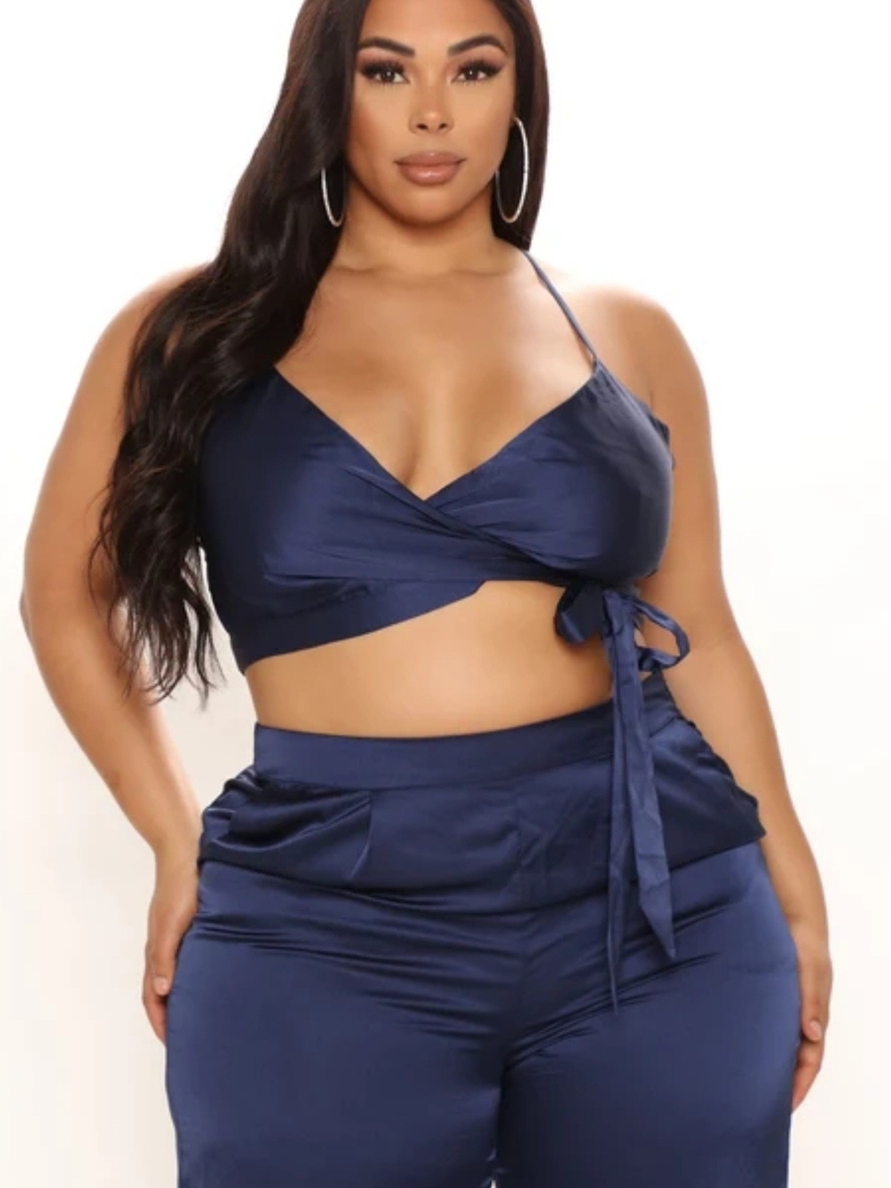 PLUS | Luxury Views Satin Pant Set Navy Blue 2 Piece Crop Top Pants 3X